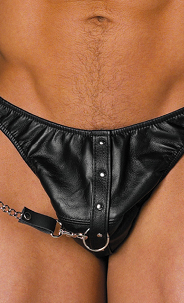 Allure Lingerie Men's Leather Thong With Ring - One Size