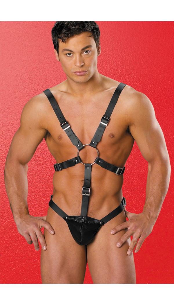 Allure Lingerie Men's Leather Harness With Pouch - OneSize