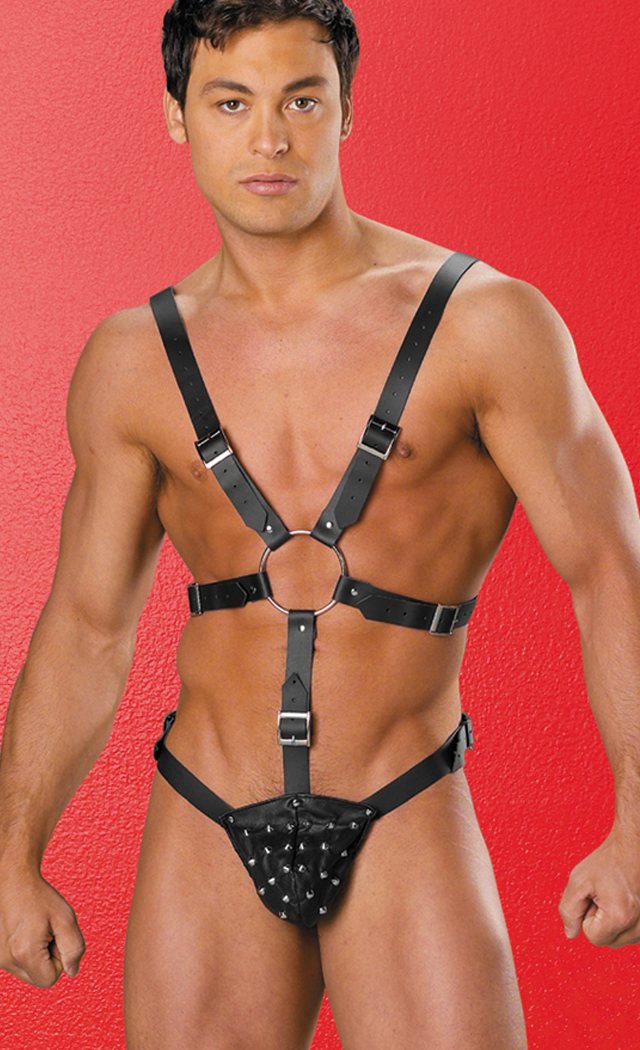 Allure Lingerie Men's Leather Harness With Studded Pouch - One Size