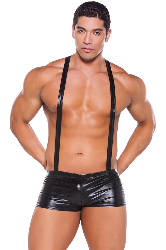 Allure Lingerie Men's Wet Look Suspender Shorts - BLACK - One Size
