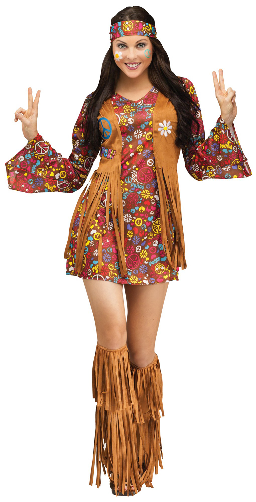 Fun World Women's Peace and Love Hippie Adult Costume - Brown - Medium/Large (10-14)
