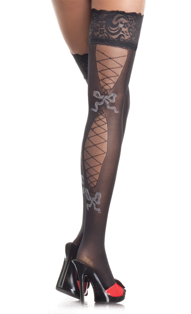 Be wicked Women's Opaque spandex stay up lace top thigh highs with faux bow and lace back. - Black - O/S