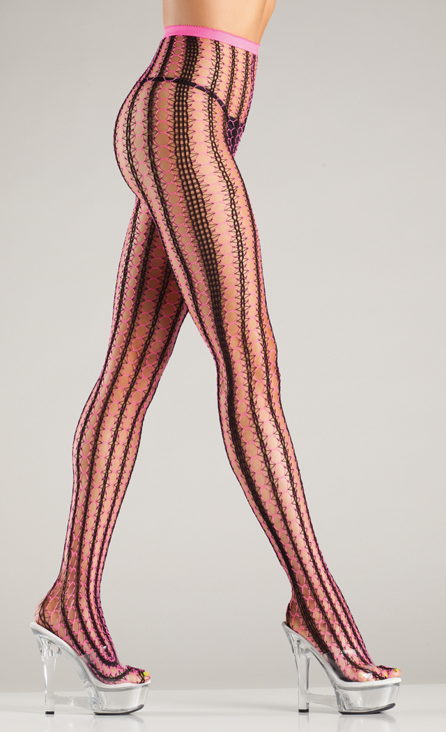 Be wicked Women's Contrast color vertical stripe net tights - Hot Pink - O/S