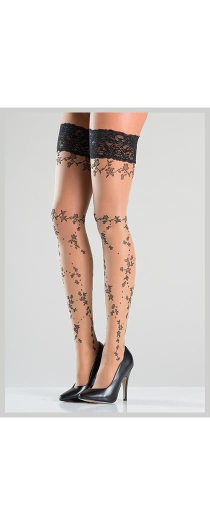 Be wicked Women's Floral Design Thigh High Stockings - Nude/Black - O/S