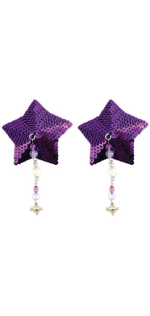 Phs international Women's Sequin Nipple Covers Star w/Beads and Pewter Charm - Purple - Standard for Mardi Gras