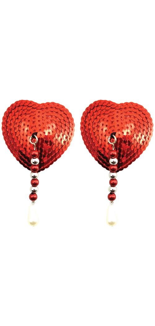 Phs international Women's Sequin Nipple Covers Heart w/Beads and Pearls - Red - Standard for Valentines Day