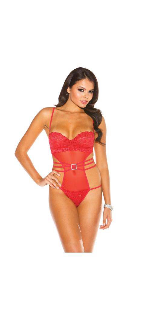 Shirley of hollywood Women's Holiday Sheer Mesh and Lace Crotchless Teddy w/Underwire Cups Red - L for Valentines Day