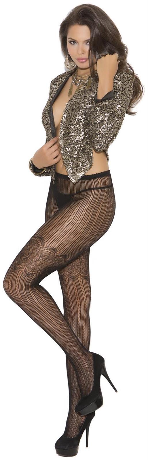 Elegant Moments Women's Vertical Stripe Pantyhose with Scroll Detail - BLACK - One Size