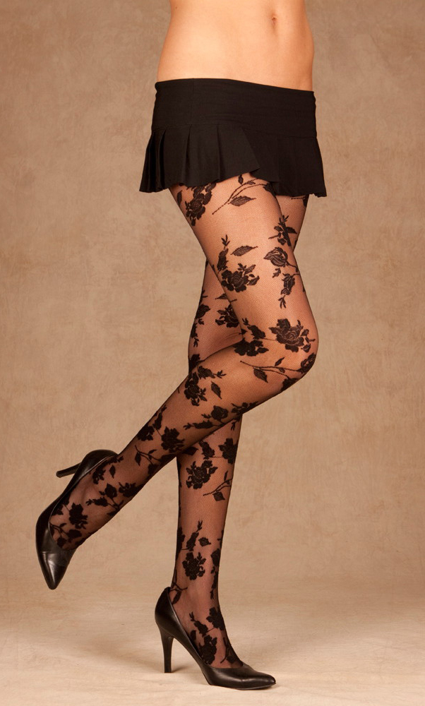 Elegant Moments Women's Flocked floral design pantyhose - BLACK - One Size