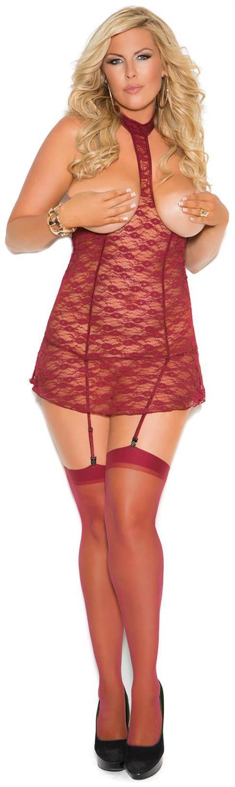 Elegant Moments Women's Open bust lace chemise - Burgundy - 2X for Valentines Day
