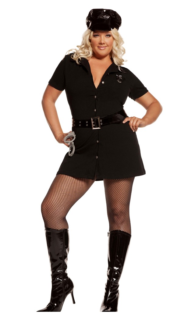 Elegant Moments Women's Officer Arrest Me- 4 pc. Costume includes dress with detachable belt- vinyl hat and handcuffs - BLACK - 1X/2X