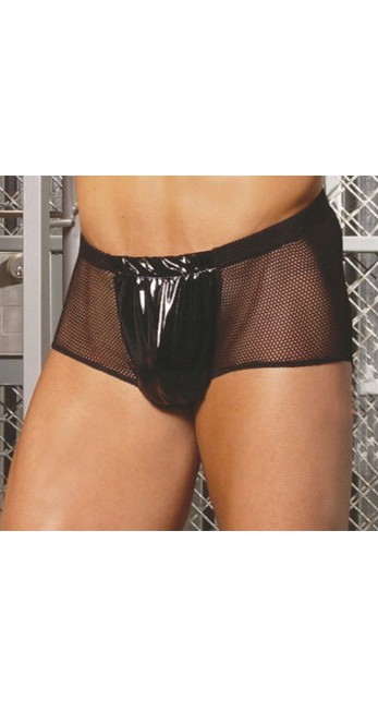 Elegant Moments Men's Fishnet shorts with vinyl front - BLACK - One Size