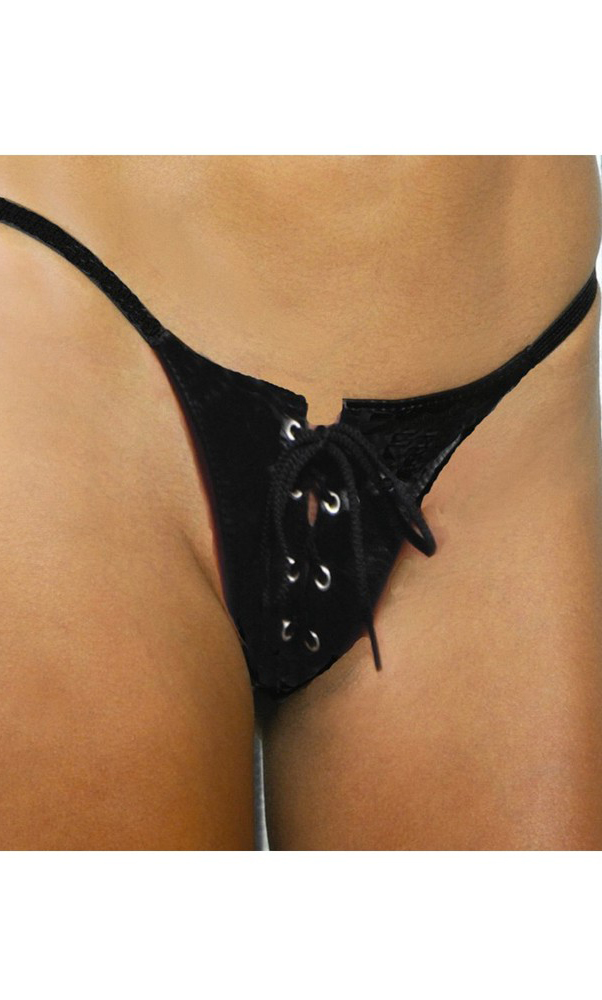 Elegant Moments Women's Lace up leather G-string - BLACK - One Size