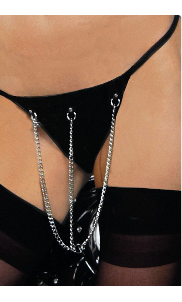 Elegant Moments Women's Leather G-string with chains - BLACK - One Size
