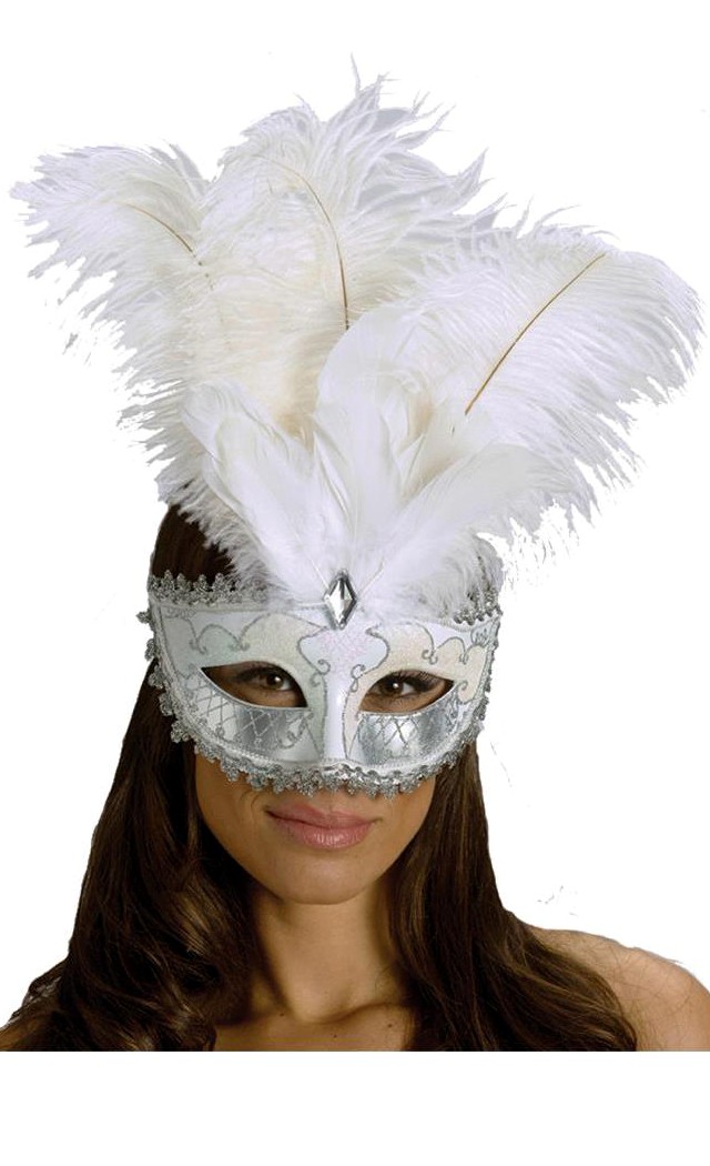 Fun World/Holiday Times Men's Carnival Mask Big Feather White/Silver - Standard for Mardi Gras