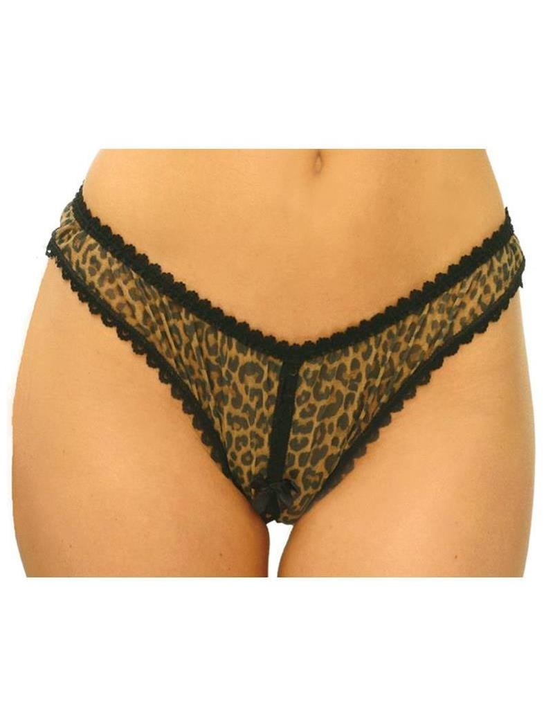 Elegant Moments Women's Leopard Mesh Crotchless Panty - Standard