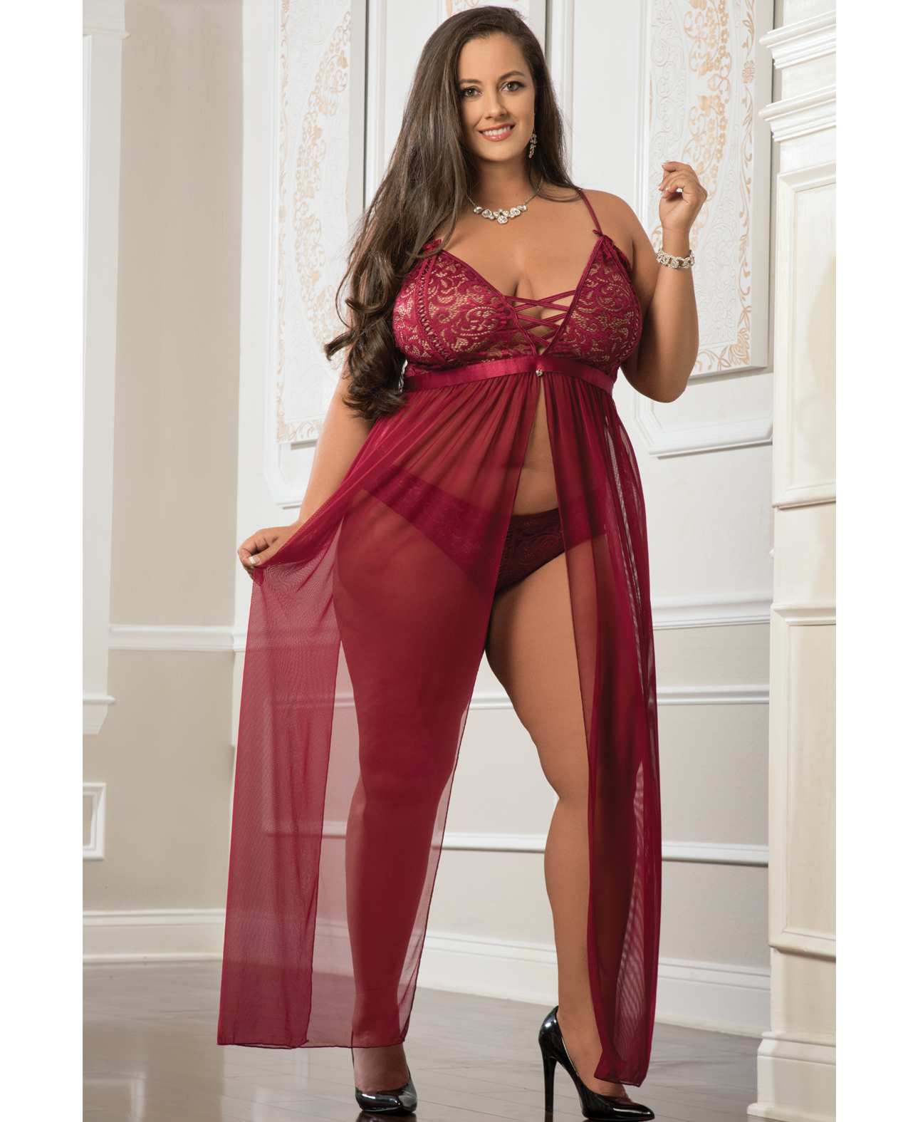 Empire Waist Laced Sheer Long Dress And Panty Mulled Wine 