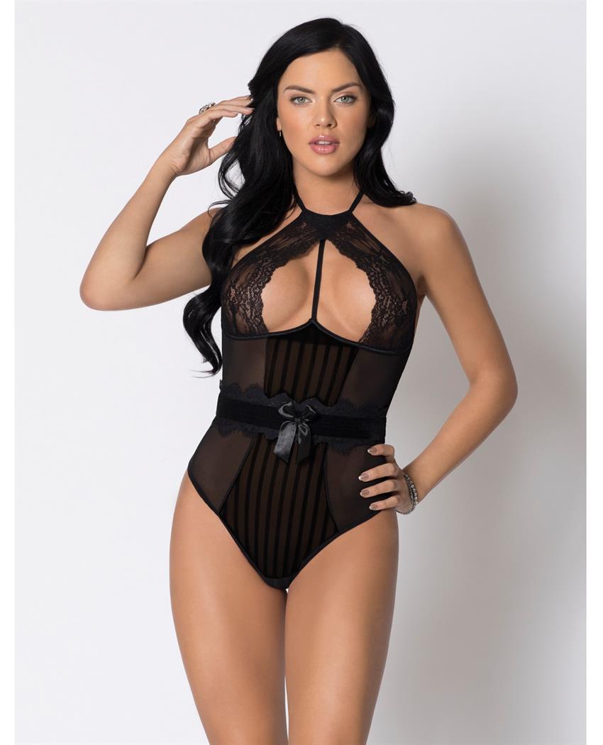 Halter Striped Mesh And Lace Teddy Wunderwire Lace Velvet Waistband And Lace Trim Black