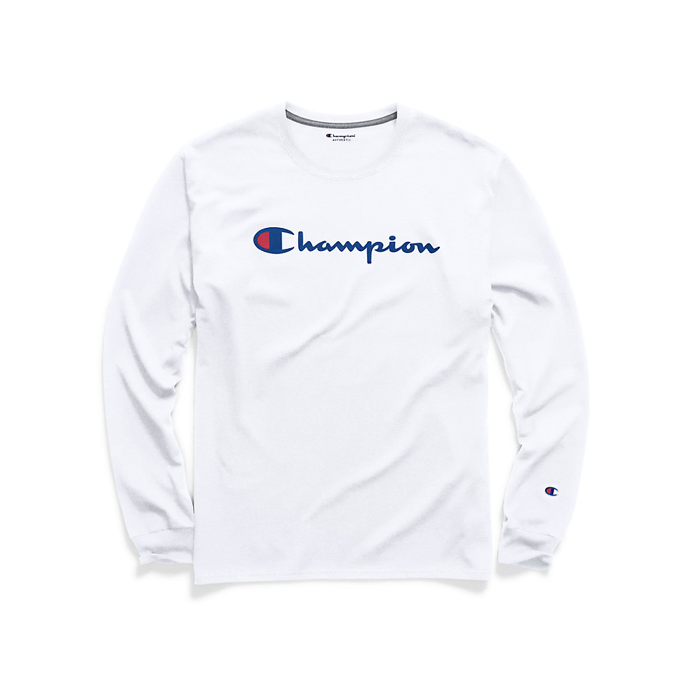 Champion Men's Classic Jersey Long-Sleeve Tee, Script Logo - SpicyLegs.com